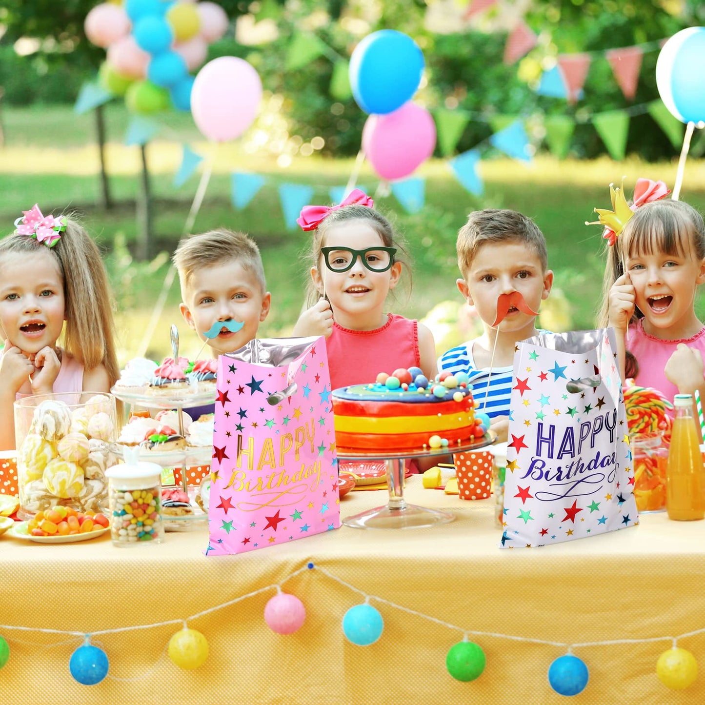 PintreeLand 6.7 * 9.8inch Happy Birthday Party Favor Bags 40 PCS, Plastic Goodies Loot Gift Bags Bulk for Kids Baby Girls & Boys Birthday Party Supples (B Style 40 Packs)