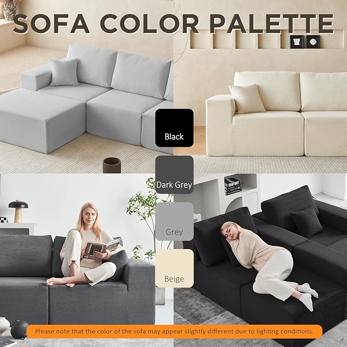 INGEROOM 108" Cloud Sectional Couch with Chaise, Modular L-Shaped Sofa, Deep Seat Comfy Corduroy Memory Foam Couch for Apartments, Dorms or Small Space, No Assembly Required, Beige