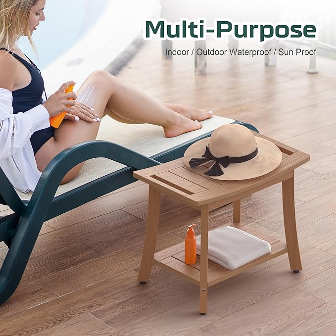 Waterproof Shower Benches for Inside Shower, Poly Lumber Shower Stool with Storage Shelf & Adjustable Feet, SPA Bathroom Seat Chair for Shaving Legs, Indoor or Outdoor Use, Teak Brown