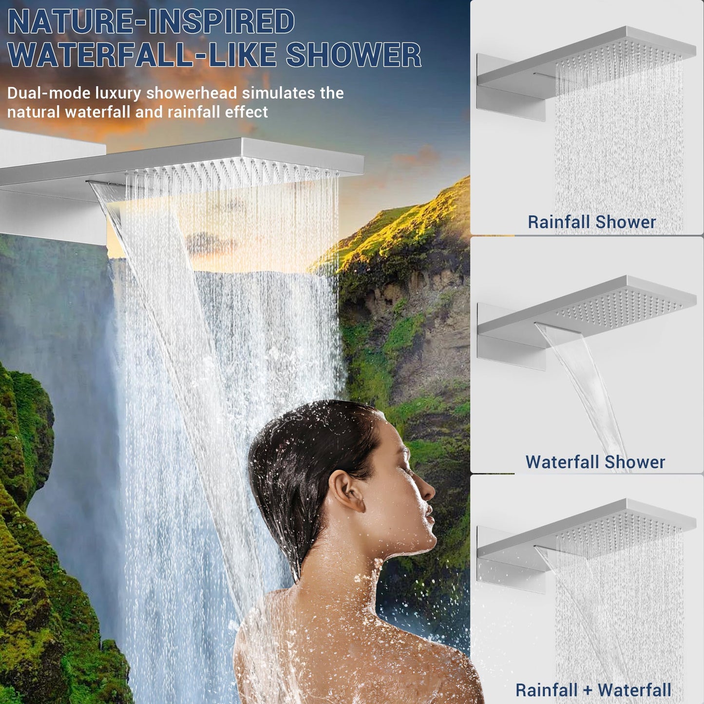 JetsBath Luxury Thermostatic Rain & Waterfall Shower System with 22” Rain Shower Head & 6 Body Jets, Wall Mounted Shower Faucet Sets with Handheld Sprayer, 3/4” Inlet Thermostatic Valve