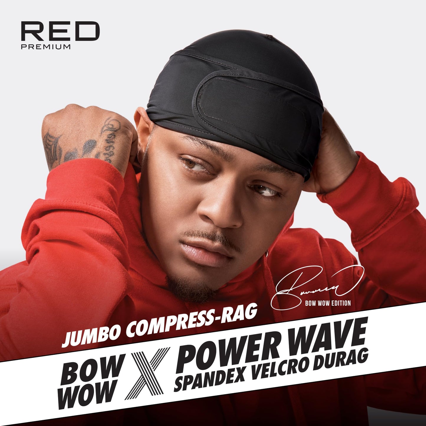 Red by Kiss Premium Bow Wow X Power Wave Durag, 360 Wave Compression Cap for Men & Women, Adjustable Hook-and-Loop Strap, Ideal for Locs, Braids, Finger Waves (Jumbo Spandex - Black)