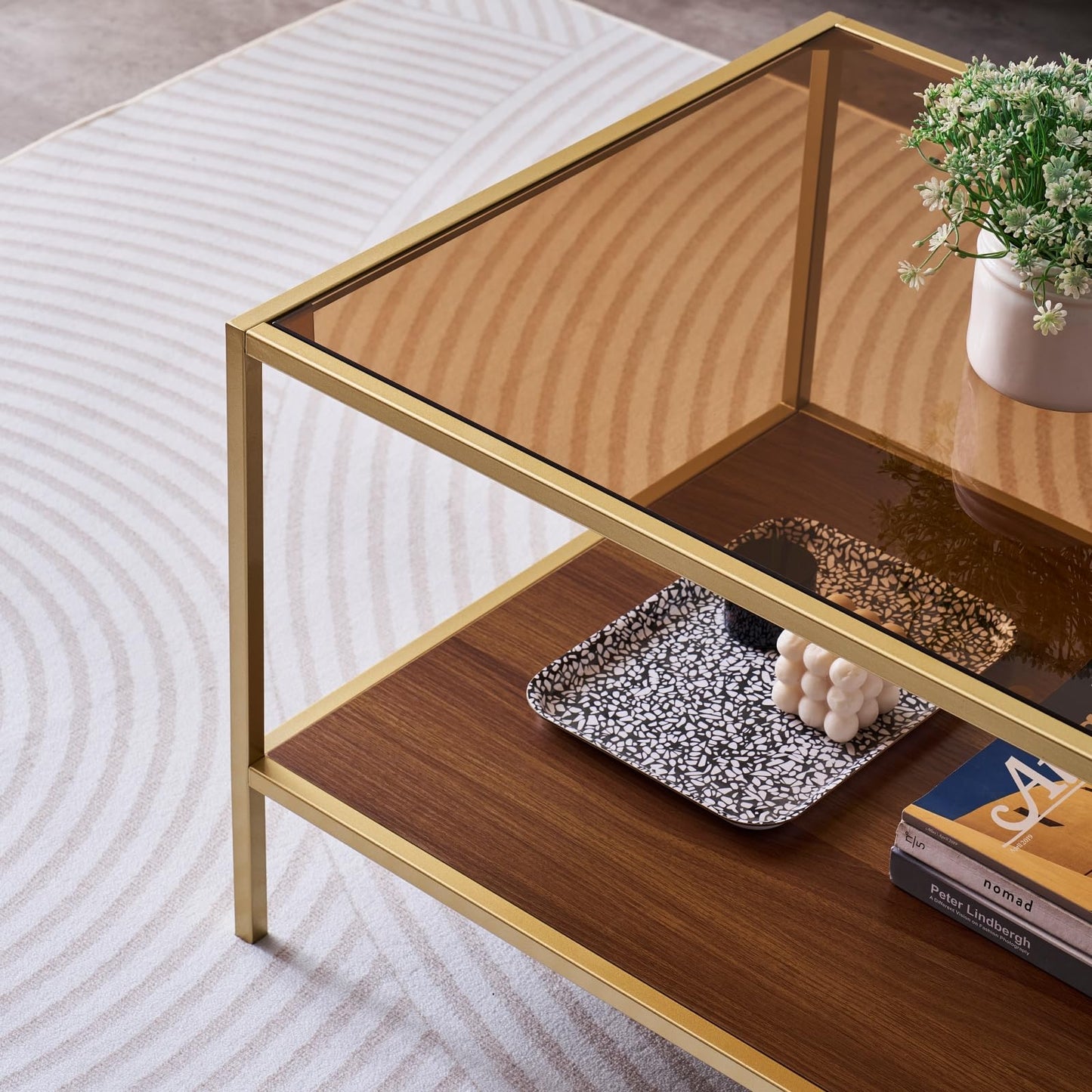 LumFurn Glass Coffee Table for Living Room and Bedroom, 2-Tier Mid-Century Modern Table with Amber Tempered Glass Top and Walnut Finish Wood Shelf, Metal Legs with Gold Finish