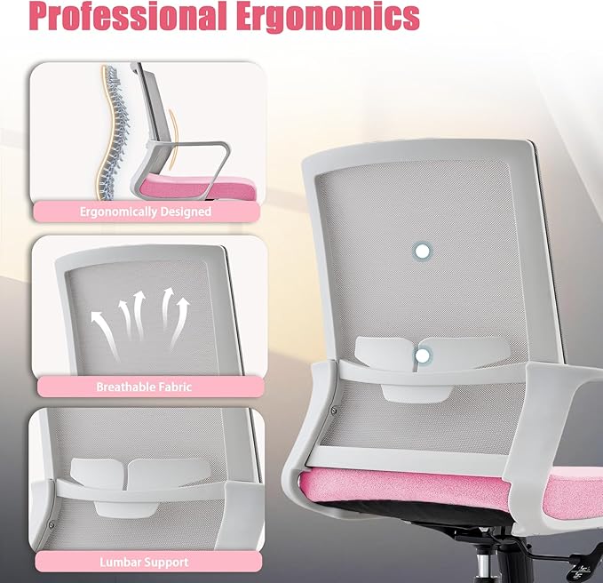 Msdizuo Office Chair ergonomically Designed with Breathable mesh backrest and Lumbar Support Adjustable Height Suitable for Offices Homes bedrooms Study Rooms (Pink)