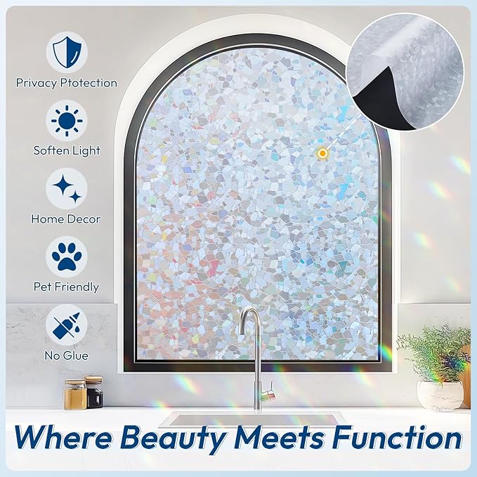 rabbitgoo Rainbow Window Privacy Film Decorative Stained Glass Diamond Pattern Window Sticker with Iridescent Tint Non-Adhesive Static Cling for Home Office Crystal Pattern, 17.5 x78.7 inch