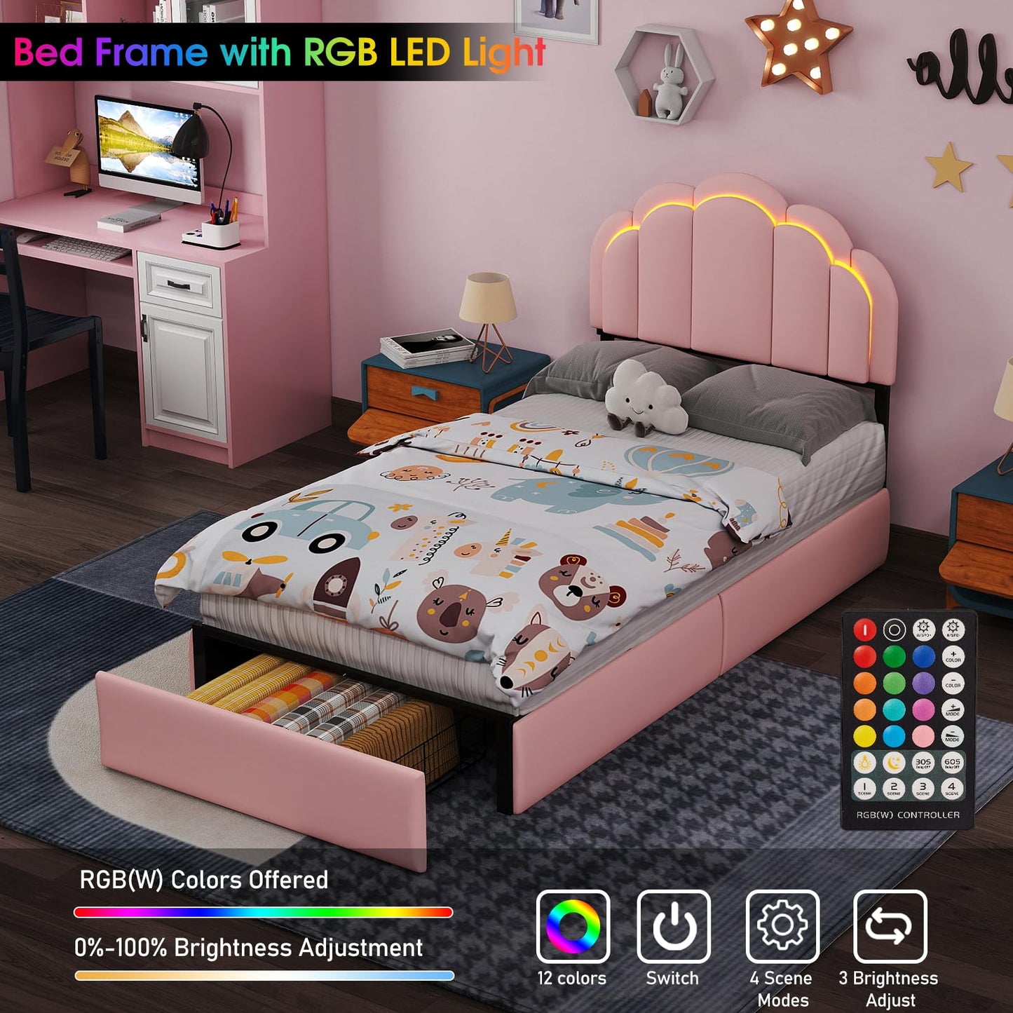 yenlacy Twin Upholstered LED Bed Frame with Storage Drawer, Cute Girls Bed with Petal-Shaped Headboard, Velvet Princess Platform Bed Frame, Metal Slats Support, No Box Spring Needed, Pink