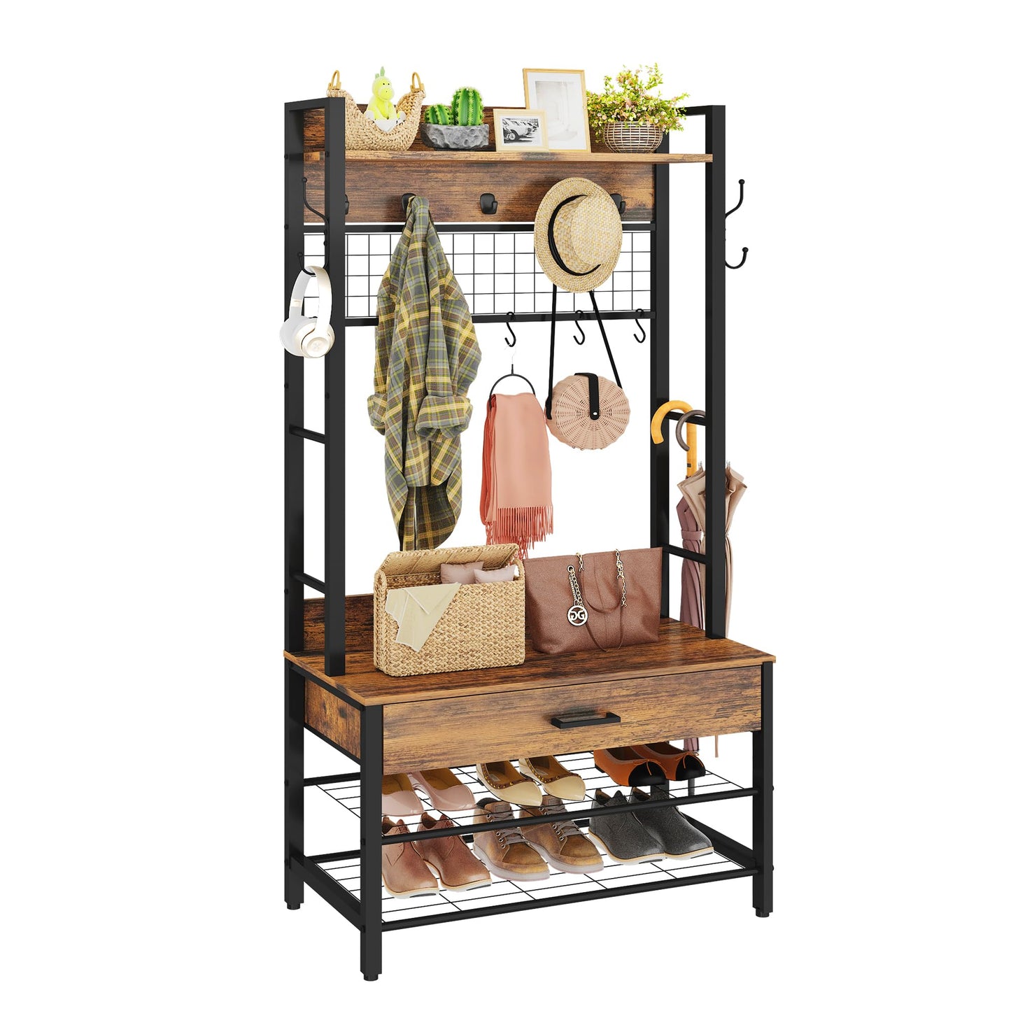 Recaceik Hall Tree, Entryway Coat Rack with Drawer, Industrial 5 in 1 Entryway Bench with Storage Shoe Rack and 12 Hooks, Freestanding Home Organizer with Shelf & Grid Panel, Anti-Dumping