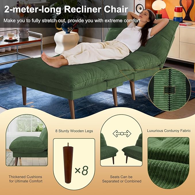 DreamDashio Futon Sofa Bed, 4 in 1 Multi-Functional Futon Couch with Adjustable Backrest, 75 inch Convertible Sleeper Sofa Bed and Recliner Lounge, Corduroy Loveseat for Living Room, Apartment, Green
