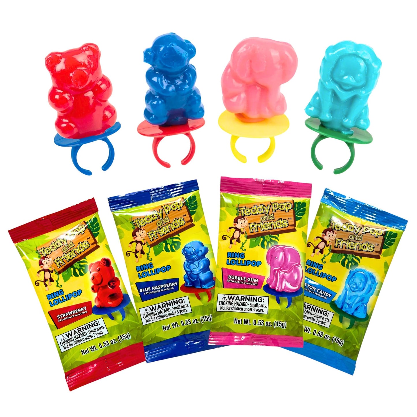 Teddy Pop & Friends Ring Lollipops 30 Count Candy 4 Flavor Variety Bundle Pack Individually Wrapped, Wearable Treats for Kids Parties, Gifts, & Goody Bags