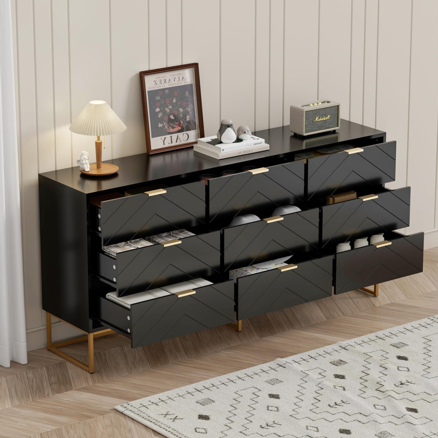 Scurrty 59" Large Chest of Drawers, Storage Cabinet 9 Drawer Dresser with Lines, Black Dressers with Storage,Dressers for Living Room, Bedroom