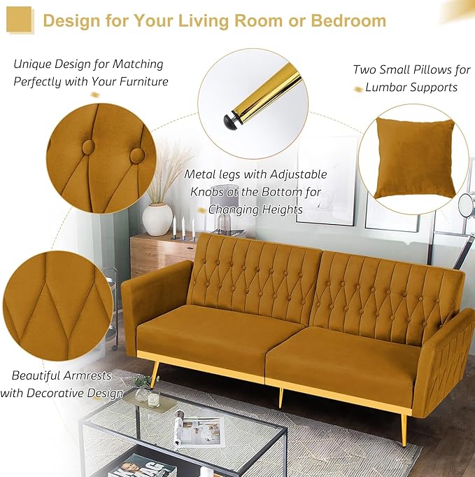 ACMEASE 70” Velvet Futon Sofa Bed with 2 Pillows and Adjustable Armrests, Convertible Sleeper Bed W/Adjustable Backrests, Modern Loveseat for Living Room, Bedroom, Ginger