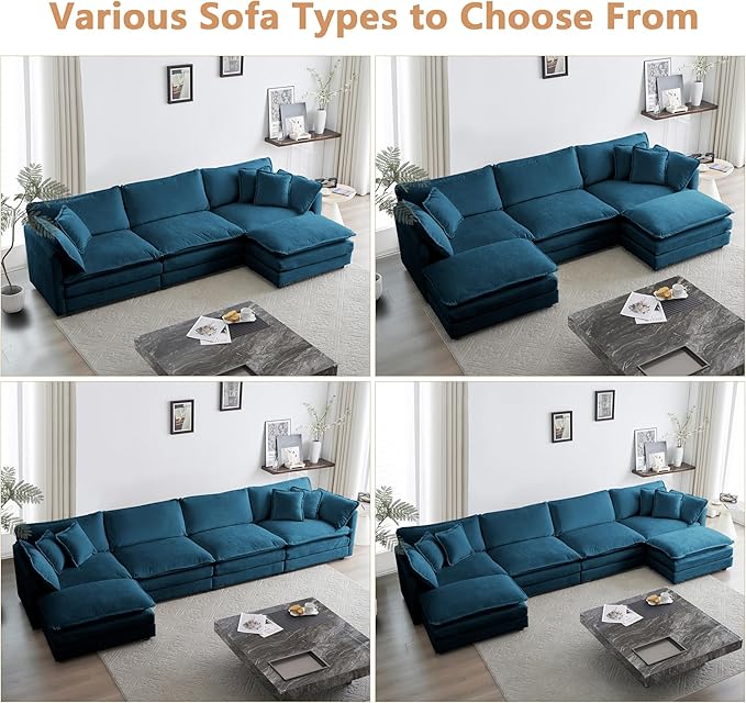 mikibama Luxury Modular Sectional Sofa, 111.5" Modern Chenille Comfy Cloud Couches for Living Room Office, 3 Seater Deep Sofa with 2 Armrest Pillows and 3 Toss Pillows, Blue