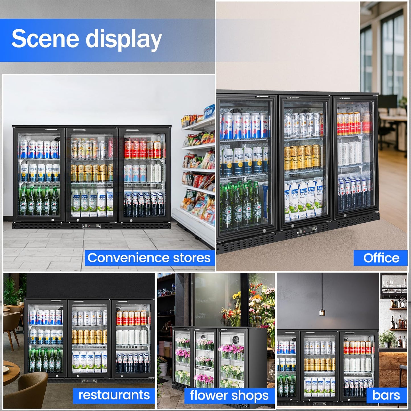 BINGERMA Back Bar Cooler with 3 Glass Doors Under Counter Commercial Beverage Refrigerator 11.5 Cu.ft. ETL Black Drink Fridges for Beer, Wine,Soda, Drinks