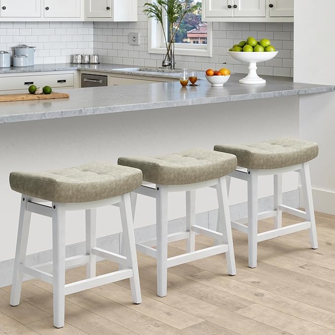 RNKSFX Counter Height Bar Stools Set of 3 for Kitchen Counter Farmhouse Modern Barstools with Faux Leather Upholstered Backless Seat and Solid Wood Legs 24 inch Bar Chairs, Light Grey + White