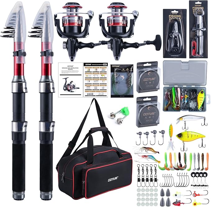 Goture Fishing Rod and Reel Combos-2PCS Telescopic Fishing Pole+2PCS Pre-Loaded Spinning Reels with Carrier Bag,1.8M-2.7M ...
