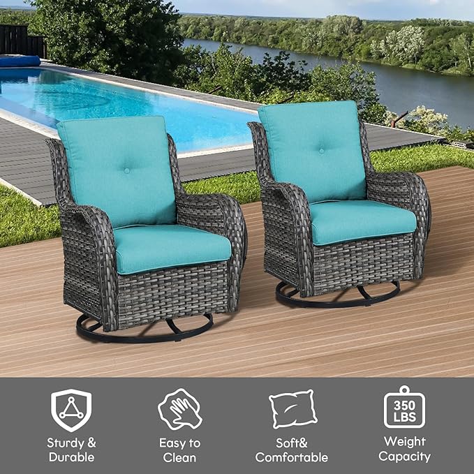 Belord Outdoor Swivel Rcoker Wicker Chairs - Swivel Patio Chairs Set of 2 Patio Furniture Sets with Covered Cushion for Porch Deck Balcony Backyard, Turquoise Cushion