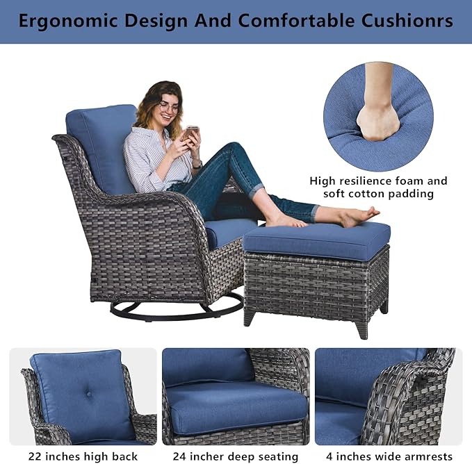 Belord 5 Piece Outdoor Patio Furniture Set - Wicker Furniture Patio Conversation Set, Outdoor Swivel Rocker Chairs with Loveseat Sofa and 2 Ottomans for Small Space, Blue Cushion