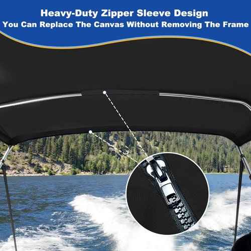 3 Bow Bimini Top Replacement Canvas for Boat with Light Hole and Storage Boot, Easy Install Zipper Sleeves, Heavy Duty Waterproof, 900D Marine Sun Shade Boat Canopy Without Frame, 6'L 61"-66" W Black