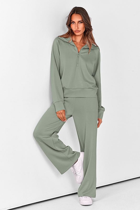 PRETTYGARDEN Women's 2 Piece Outfits Casual Lapel Half Zip Sweatshirts and Wide Leg Pants Tracksuit Sets