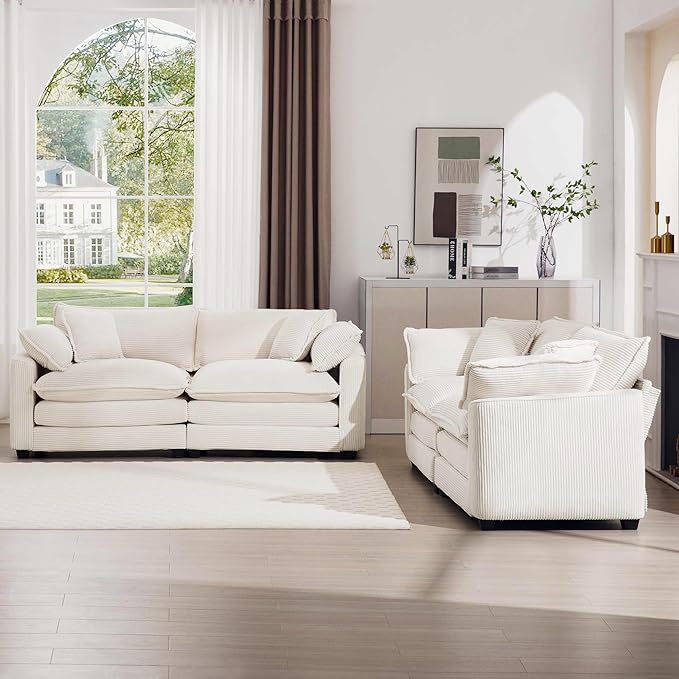 mikibama Luxury 2 Piece Sofa Set, 2 Pieces of Loveseat Couch, Modern Corduroy Comfy Cloud Couches Set for Living Room Office with 4 Armrest Pillows and 4 Toss Pillows, Beige