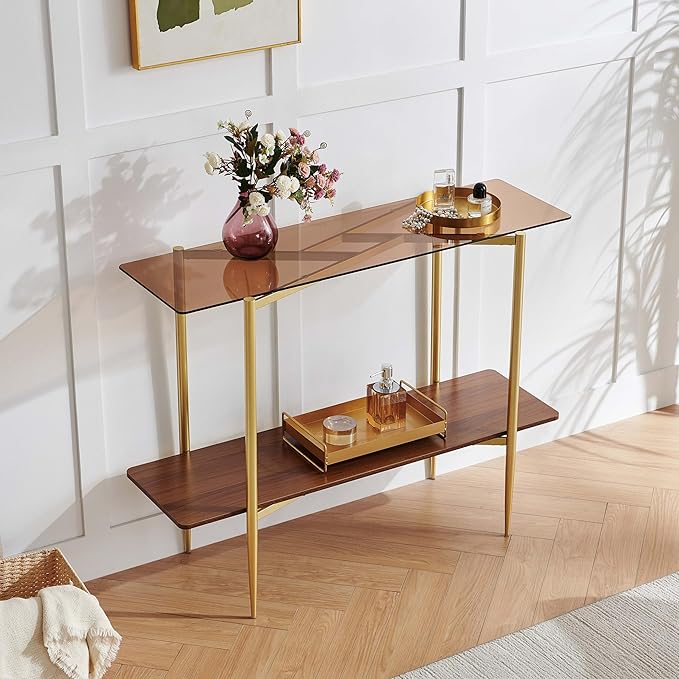 Pine Flicker Rectangle Glass Console Table, Mid-Century Modern Design, L41*W14*H32 inch, for Living Room, Amber Glass Top and Walnut Finish Wood Shelf, Conical Metal Legs with Gold Finish