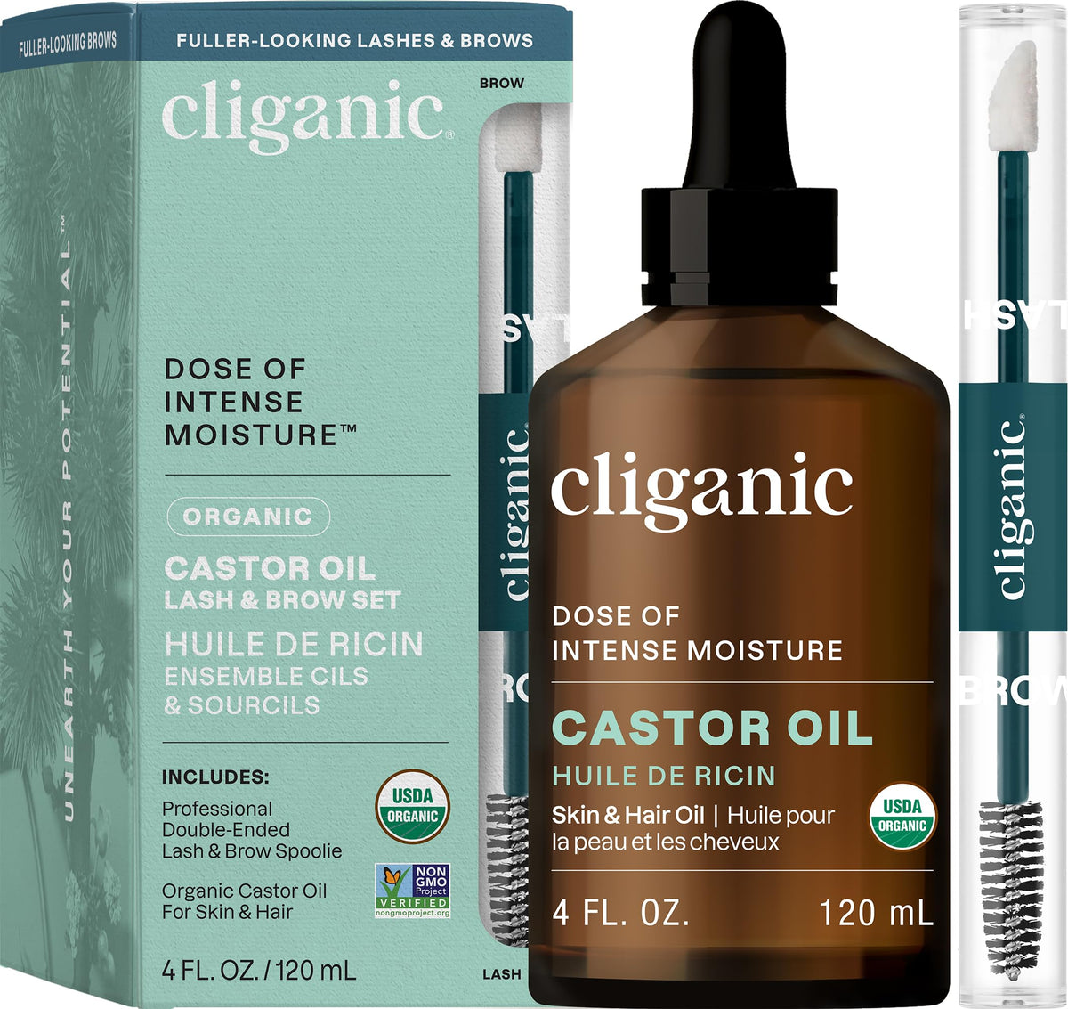 Cliganic Organic Castor Oil, 100% Pure (4oz Glass Bottle with Eyelash Kit) - For Eyelashes, Eyebrows, Hair & Skin (Packaging May