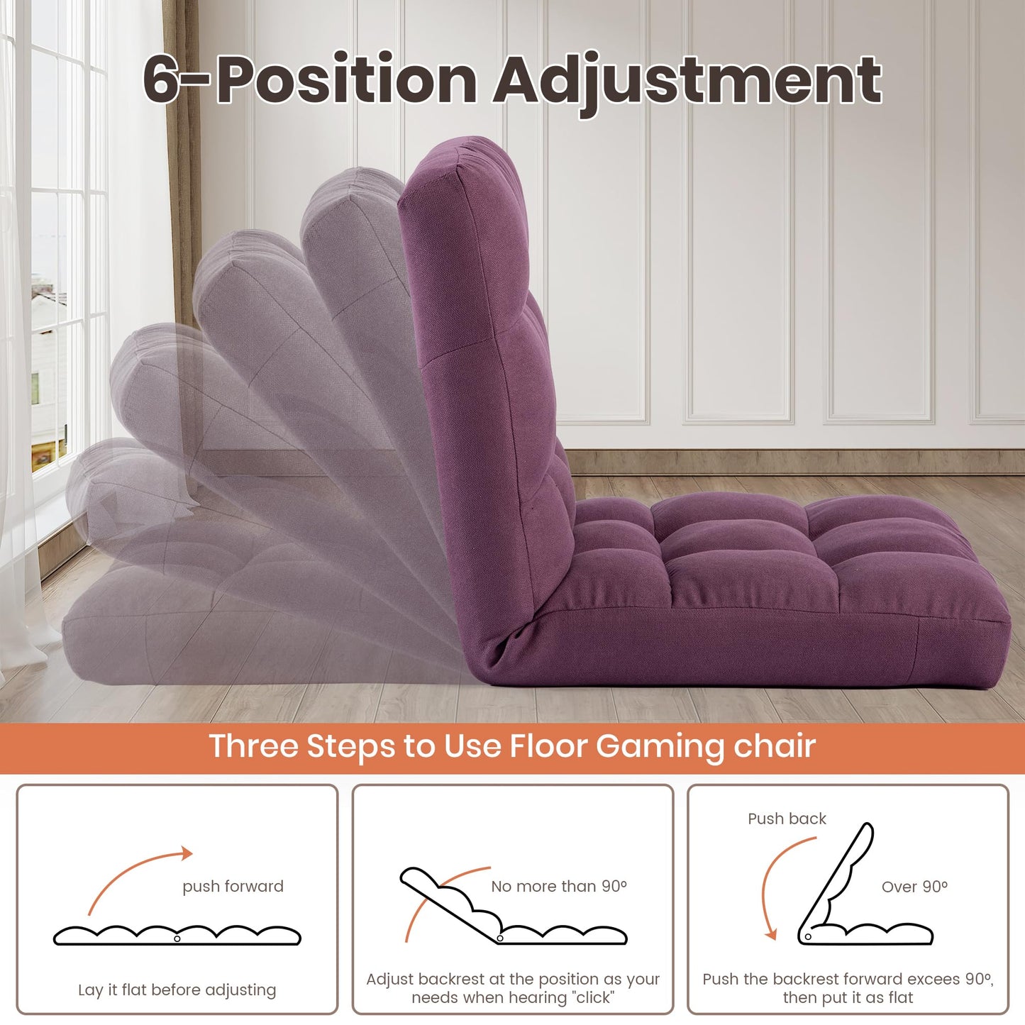 HOMYEDAMIC Floor Chair with Back Support with 6 Adjustable Position, Recliner, Folding Gaming, Meditation Chair for Adults (Purple)