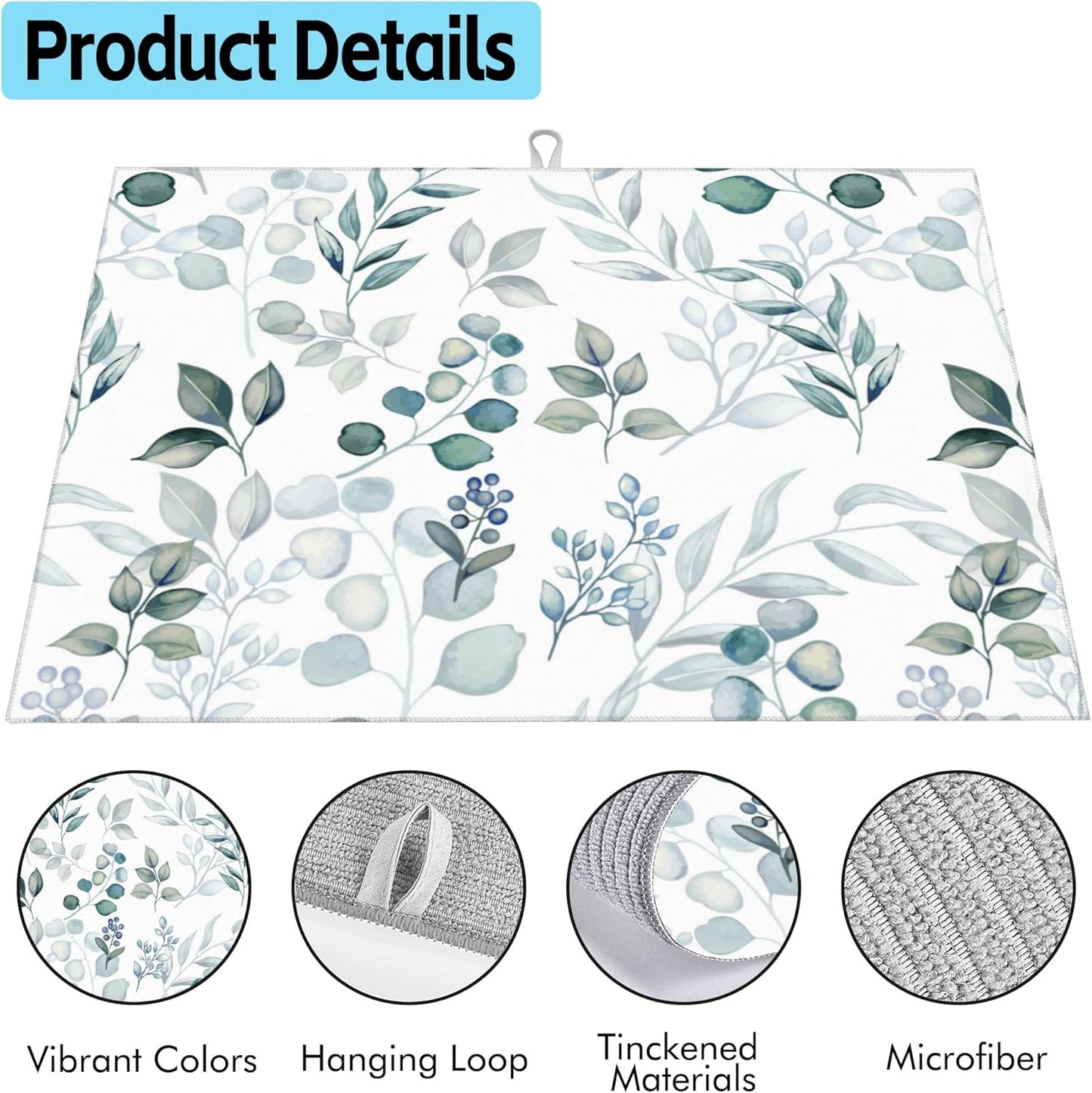 Large Dish Drying Mat for Kitchen Counter,18"X24" Watercolor Green Eucalyptus Leaves Absorbent Reversible Microfiber Dish Drying Mat Dish Drainer Mat Drying Pad for Kitchen Countertop Coffee Bar