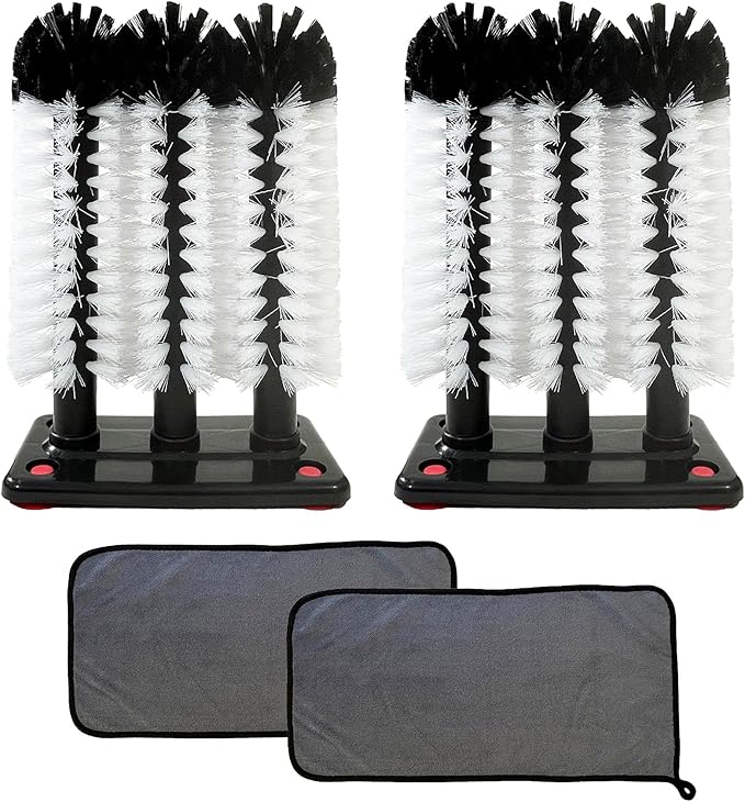 Water Bottle Cleaning Brush - 2 Pack - 3 Brush Bar Glass Cleaner - for Large Cups Glasses and Bottles - Suction Cups for Stable Grip on Sink, Bar and Kitchen Top - Includes 2X Cleaning Cloths