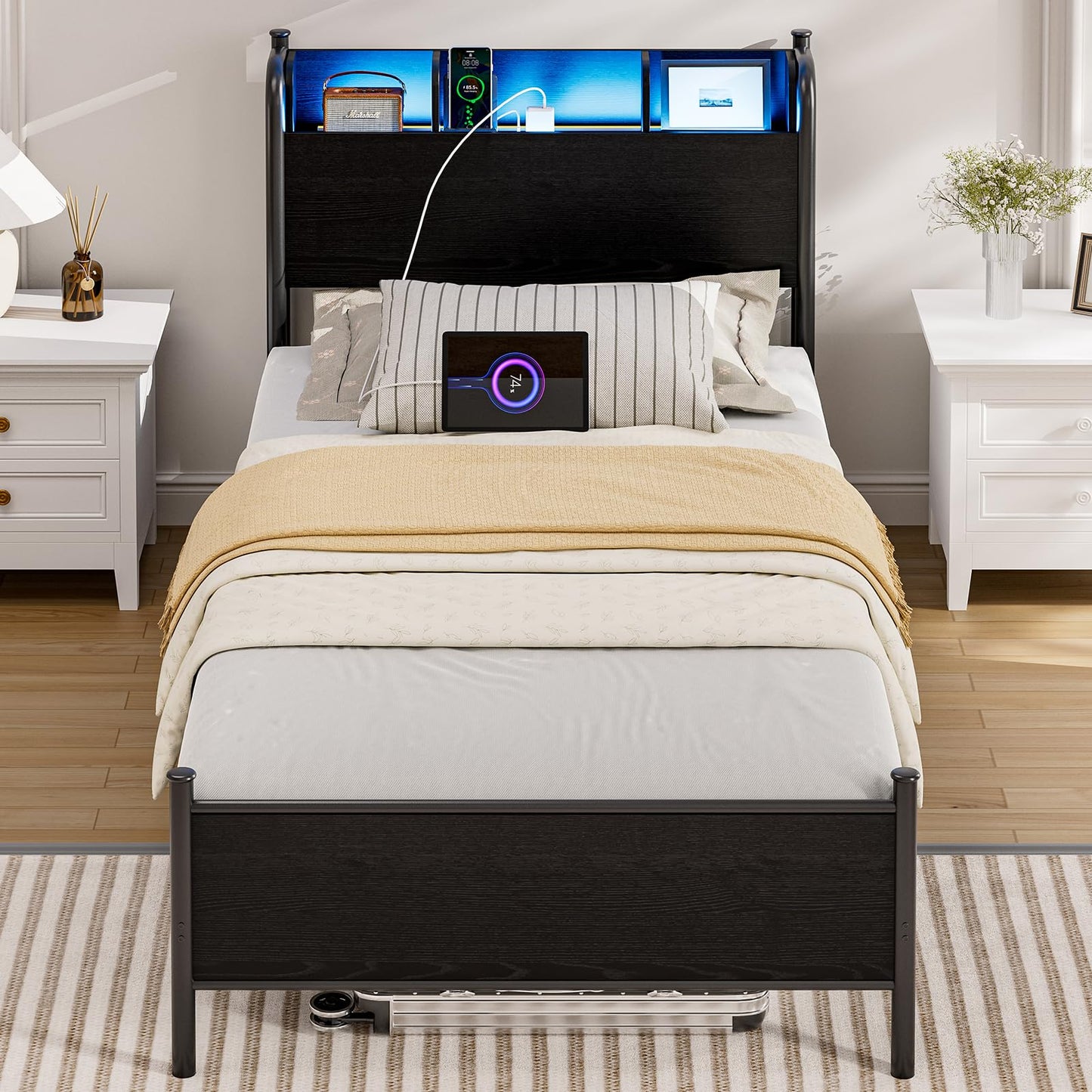 IKIFLY Twin XL Bed Frames with Storage Shelf Headboard & Charging Station, Heavy Duty Metal Twin XL Platform Bed with LED Lights, Under-Bed Storage, No Box Spring Needed, Noise Free, Black