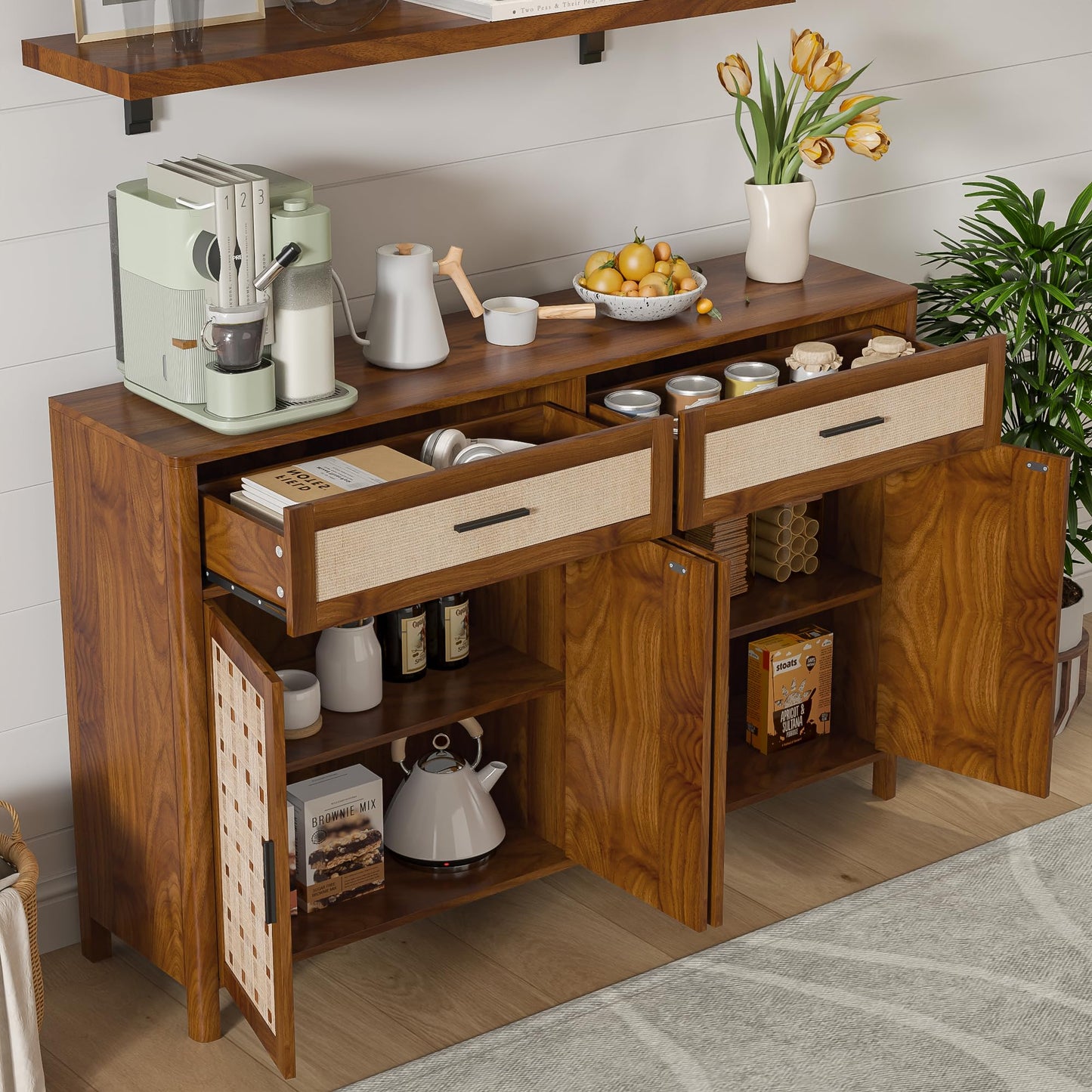 Mxtxmy Farmhouse Sideboard Buffet with Storage, 55' Large Buffet with 4 Doors and 2 Drawers, Wood Coffee Bar, Storage Cabinet for Kitchen, Dining Room, Living Room (Walnut)