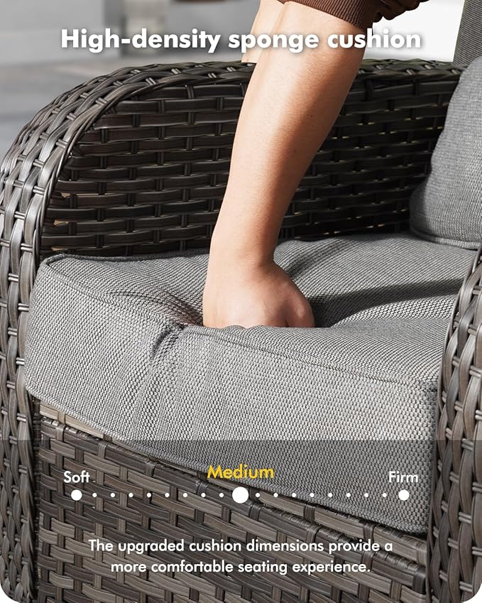 7-Piece Wicker Patio Furniture Set, All-Weather Rattan Conversation Bistro Loveseat Chair and Patio Rockers Set for Backyard, Balcony and Deck with Soft Cushions and Metal Table(Dark Gray)
