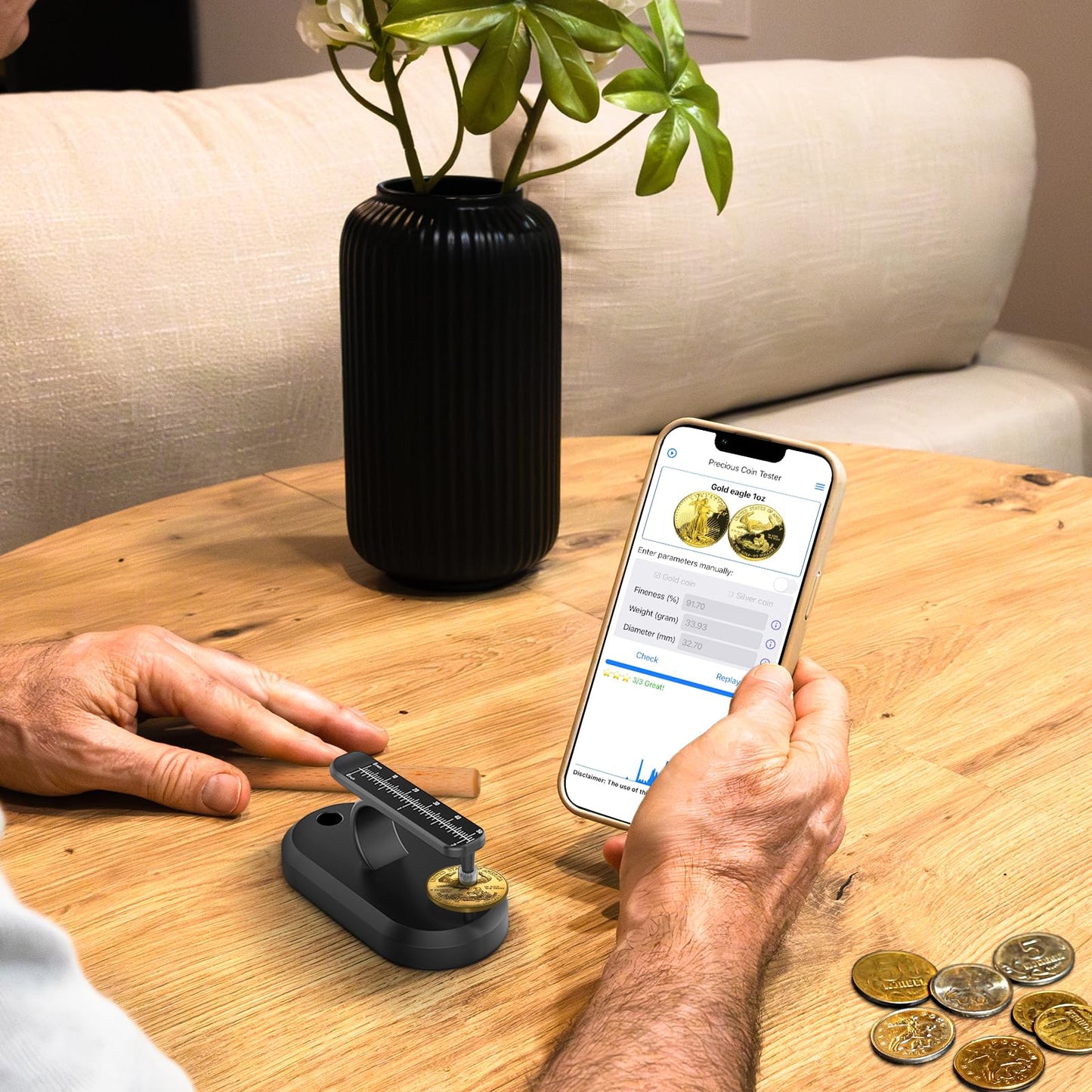 Coin Ping Tester - Resonant Ping Sound Detection and Diameter Comparison for Coin Authenticity, Portable and Easy-to-Use, Black