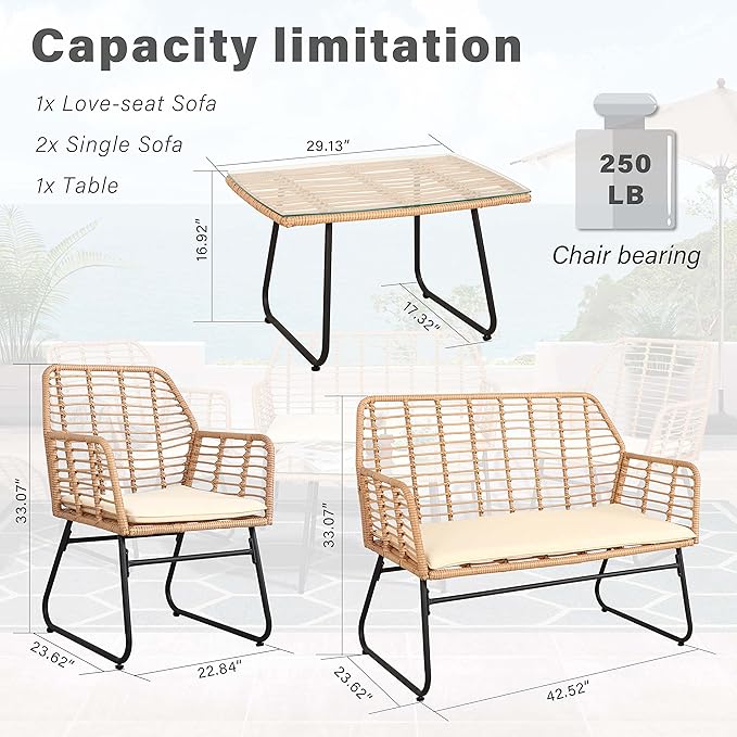 PAOLFOX 4 Piece Patio Conversation Set, Outdoor Wicker Furniture Set,Rattan Patio Furniture Sets for Backyard,Front Porch, Beige