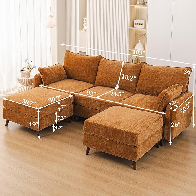 Rexulqo 104'' Modular Sectional Sofa with All Seats Storage, Oversized U Shaped Couch,Comfy Cloud Couches with Movable Ottoman,24.5'' Deep Seat,Large Sectional for Living Room,Bedroom,Velet,Yellow