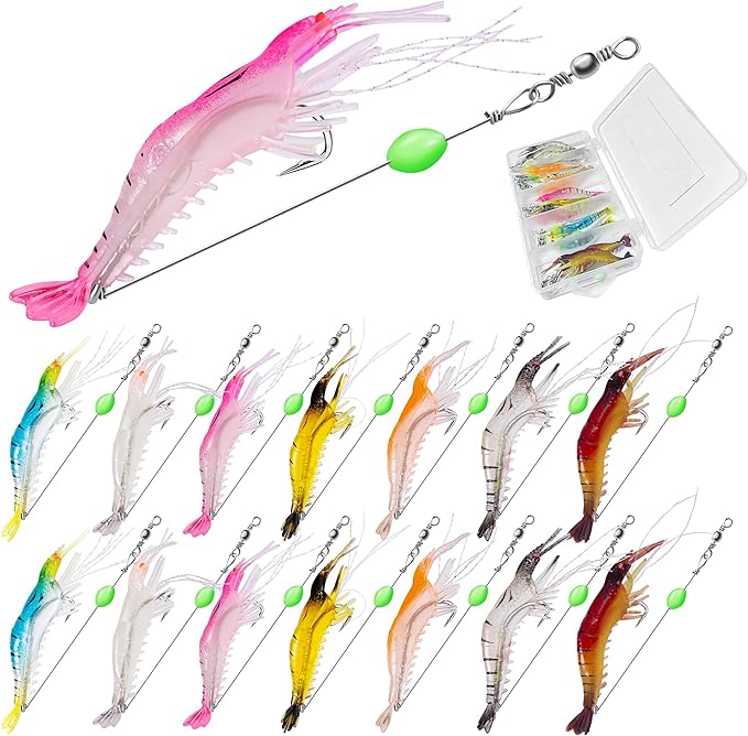 14PCS Saltwater Fishing Lures Shrimp Lures Set with Bait Box, 7 Colors Premium Soft Shrimp Fishing Tackle with Luminous Sh...