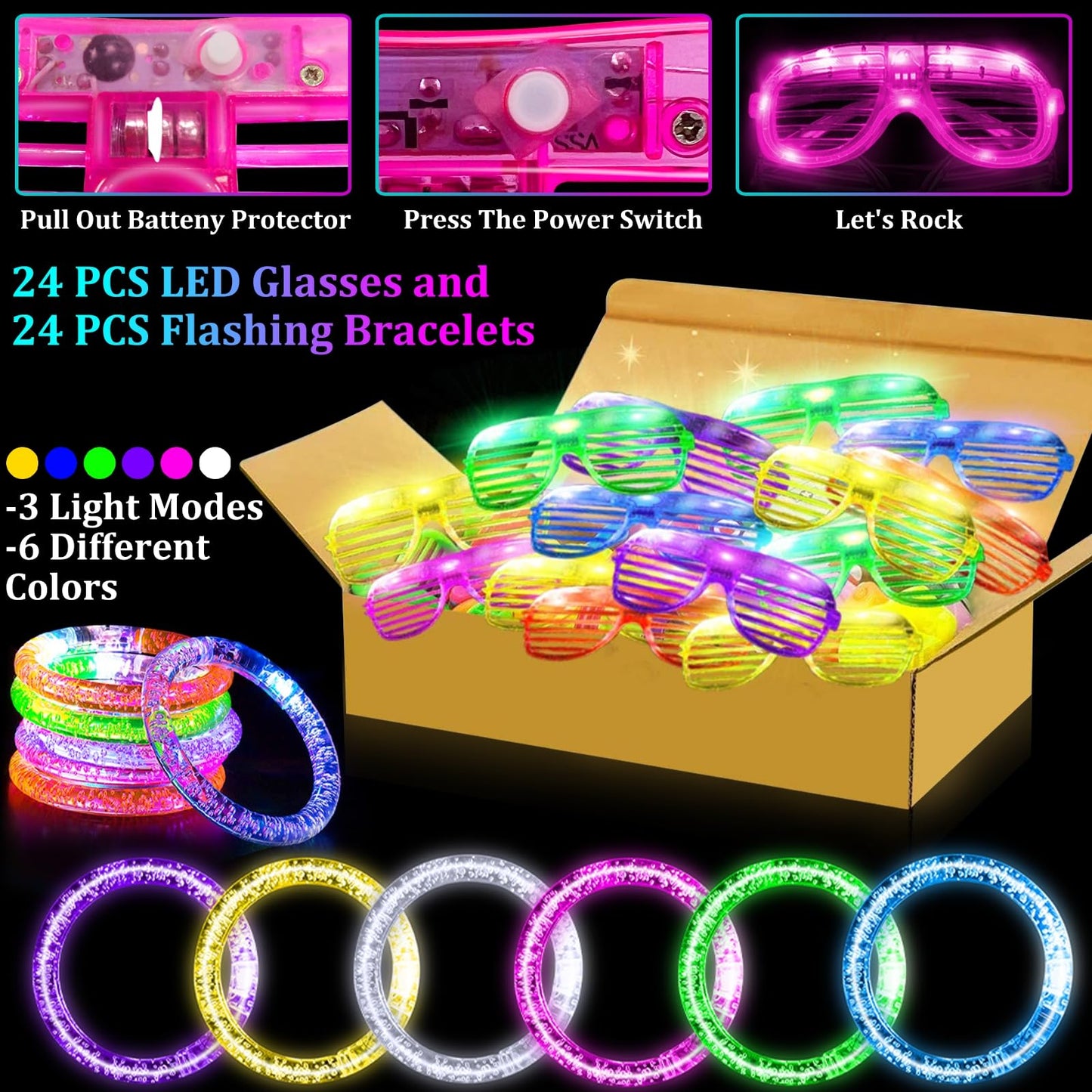 TURNMEON 148 PCS Glow in the Dark Party Supplies Light Up Toys with 24 Led Glasses, 24 Flashing Bracelets and 100 Glow Sticks Bulk Party Favors for Kid Birthday Wedding Carnivals Concert Halloween