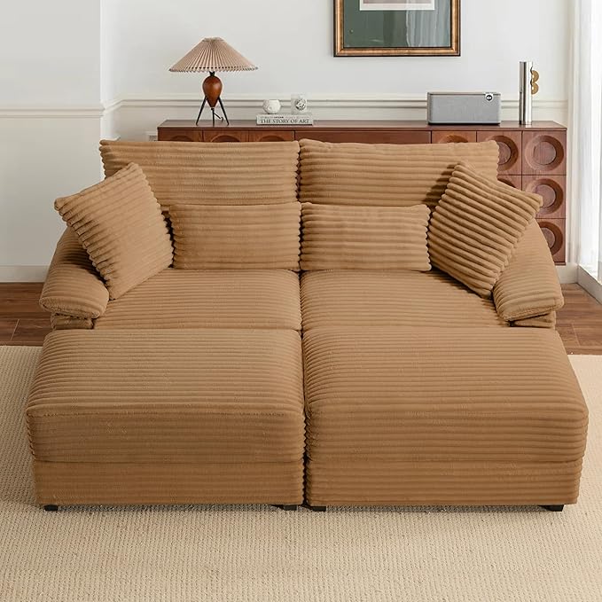 SUNWAVE 74" W Double Chaise Lounge Chair Indoor, Oversized Loveseat with Storage Ottoman, Corduroy Couch with USB Charging, Removable Ottoman, and Coffee Table Cushions for Living Room, Apartment