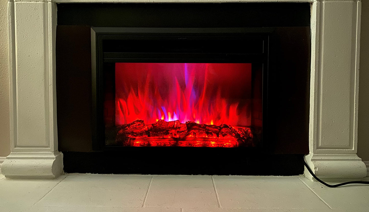 XBrand 28 Inch Insert Electric Fireplace Heater with Remote Control, LED Rolling Flame Effect, and Temperature Limiting Control, Glass and Steel Indoor, Black