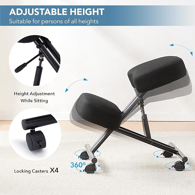 SOMEET Ergonomic Kneeling Chair for Office and Home, Adjustable Stool Posture Chair to Relieve Neck & Back Pain, Brake and Smooth Gliding Casters, Kneeling Desk Chair to Improves Posture, Black Linen