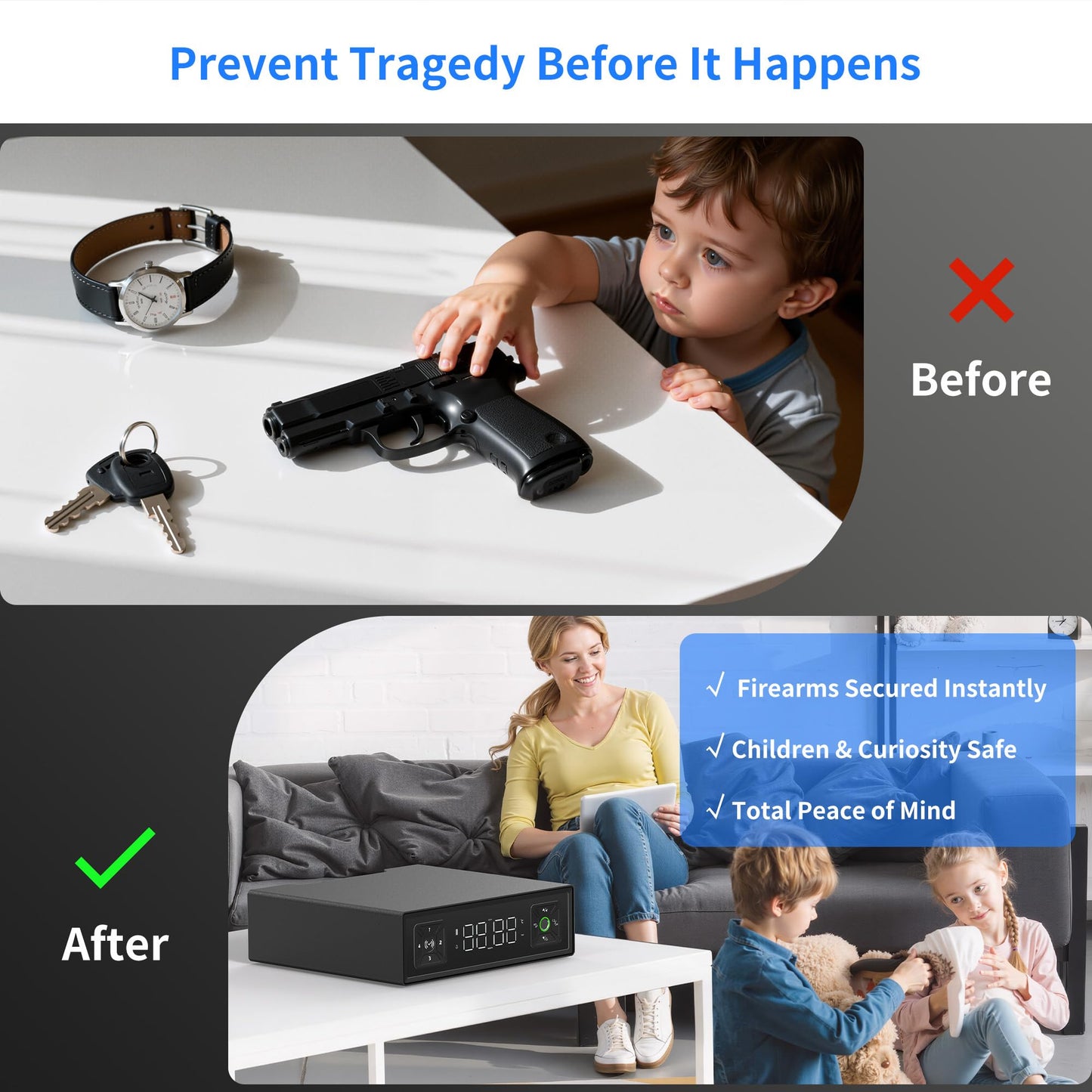Medunor Smart Safety Box, Biometric Gun Safe for Handguns, Portable Security Safe with Fingerprint Lock, RFID Card, Keys, Anti-Theft Steel Cable, for Home & Travel, USB Charging, 2.4L Capacity