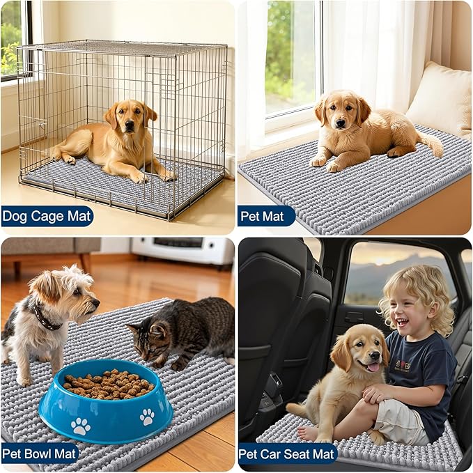 OLANLY Dog Door Mat for Muddy Paws 47x17, Ultra Absorbent Chenille Mud Doormat, Non-Slip Washable and Dirt Trapping Doormat for Indoor Entryway, Quick-Dry Indoor Pet Bed Mats for Dogs, Light Grey