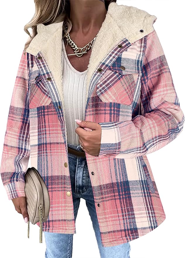 Zeagoo Womens Plaid Shacket Jacket Long Sleeve Fleece Hooded Jackets Fall Winter Warm Coat S-2XL
