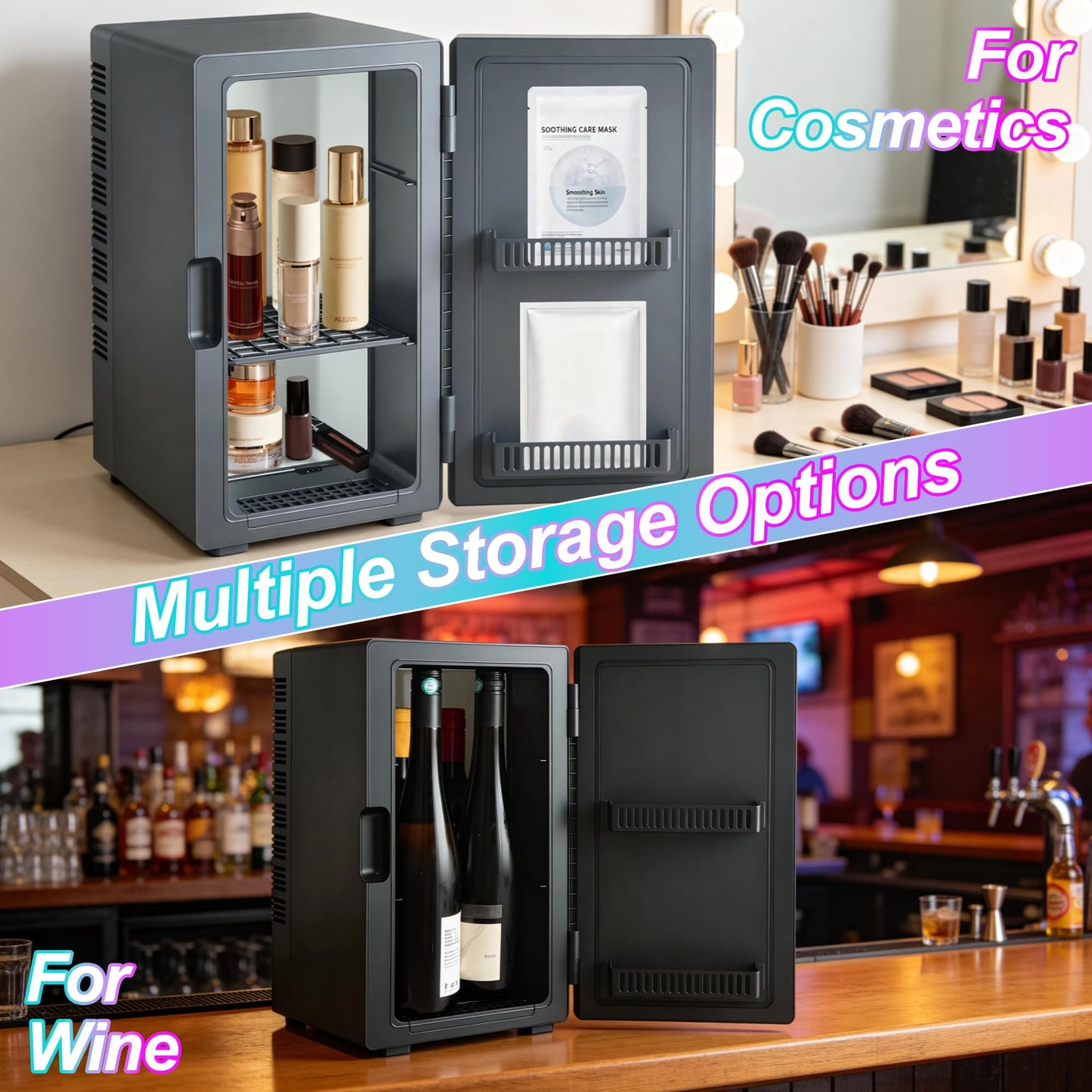 Mini Fridge, iceBlue 24 Display Modes Adjustable LED Light Gaming Mini Fridge, 10 Liter /4 Bottles Wine Fridge, Wine Cooler, Skincare Fridge with Remote Control for Bedroom, Office, Dorm, Gift (Black)