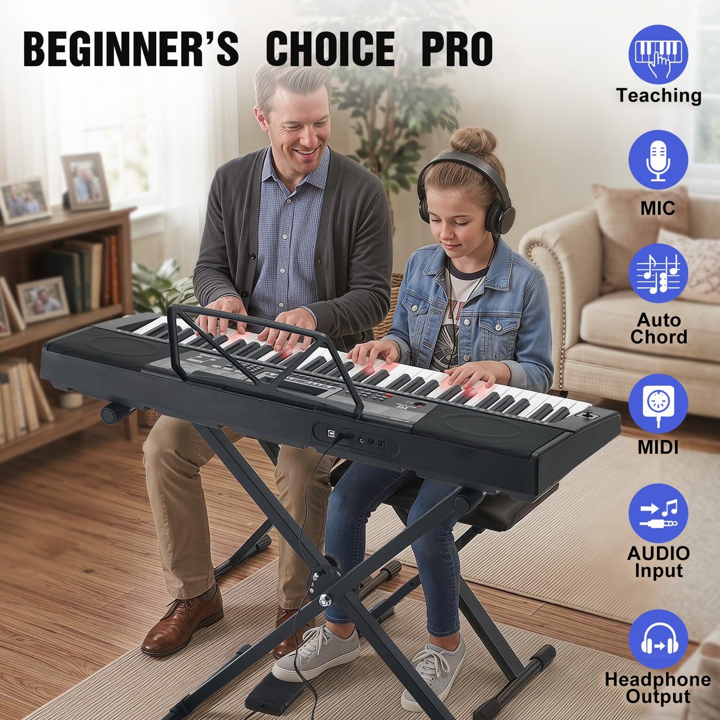 MUSTAR Piano Keyboard, 61 Key Keyboard Piano Electric Piano with Stand, Touch Sensitive Keyboards Piano 61 Key for Beginners, Headphones, Microphone, MP3/USB/LCD Screen, Holiday Birthday Gifts
