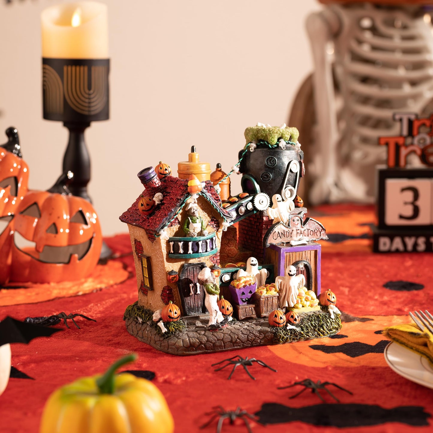 Valery Madelyn Halloween Decorations, Lighted Halloween Village Houses with Music and LED Lights, Resin Haunted House Spooky Town Scary Candy Factory for Home and Party Table Desk Mantel, 8 Inch