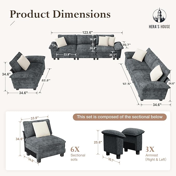 HERA'S HOUSE 3 Pieces Modular Sectional Sofa Sets, Oversized Couch Set with Loveseats and Armchair, Comfy Cloud Couches with Throw Pillows, 6-Seater Sofa for Living Room, Chenille Dark Blue