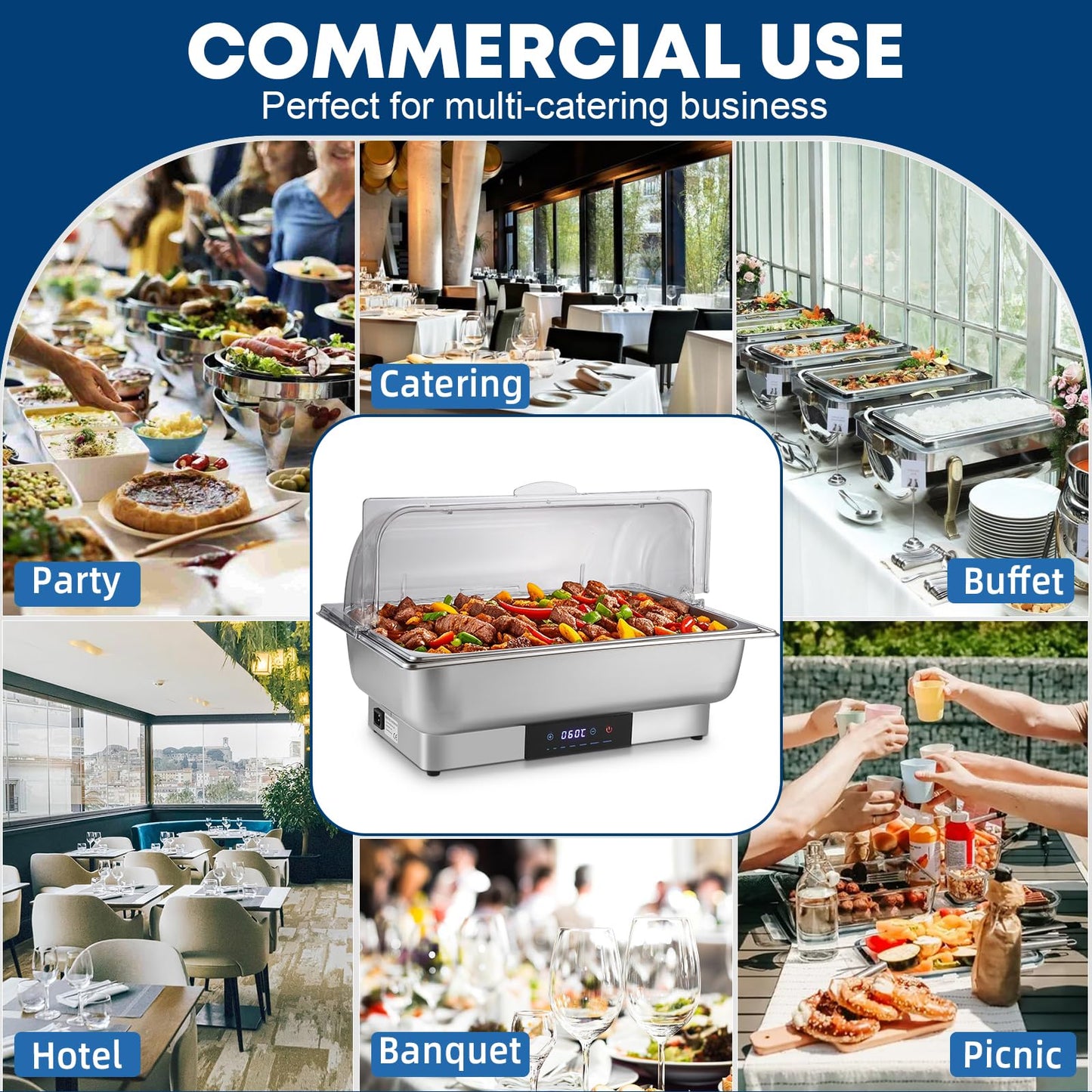 Electric Chafing Dish Buffet Server Set, Stainless Steel Full Size & Half-Size &Three-Section Food Pan with Temp Control, Roll Top Stainless Steel Food Warmers for Catering Buffet (A-02)