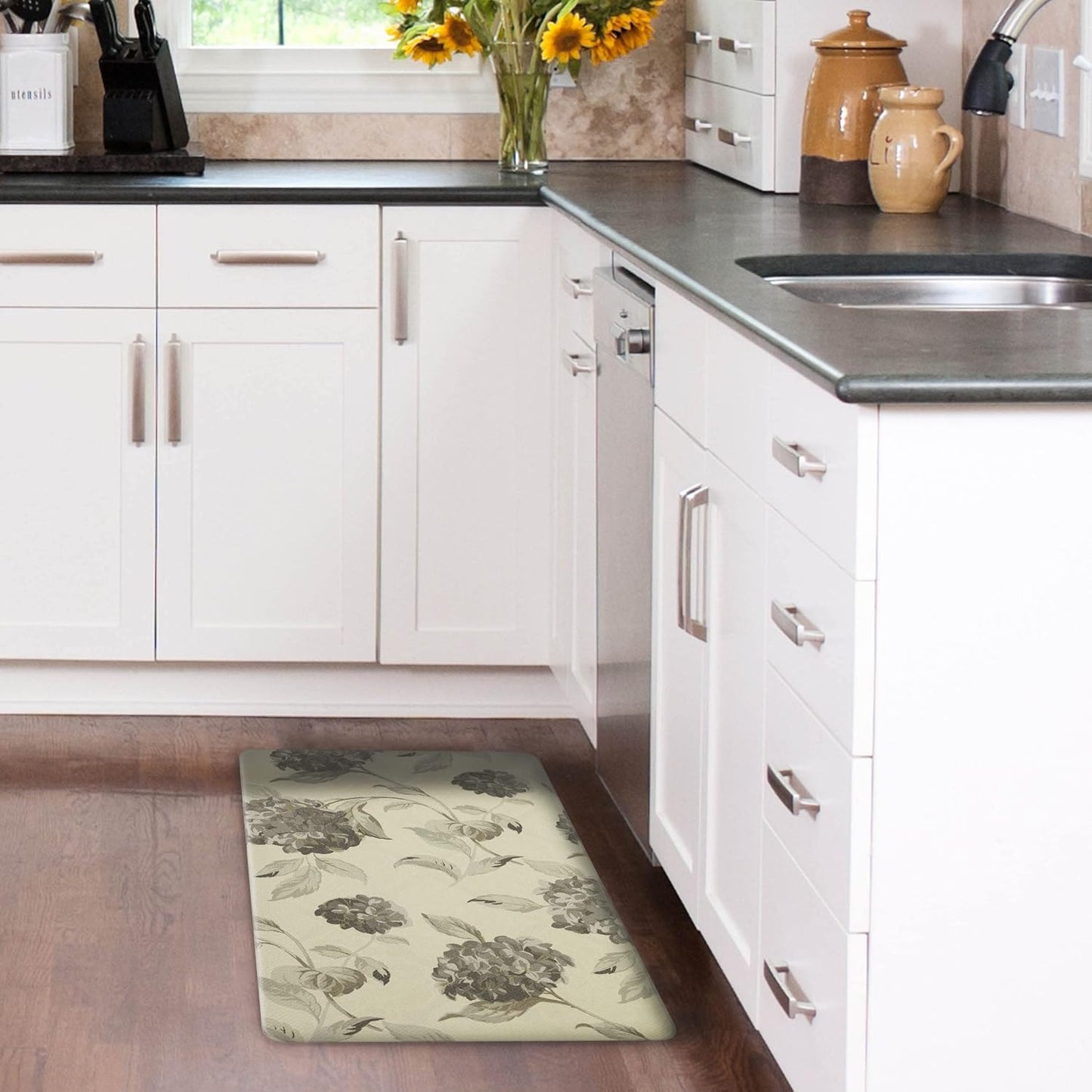 Laura Ashley – Anti-Fatigue Kitchen Mat | Hydrangea Floral Design | Stain, Water & Fade Resistant | Cooking & Standing Relief | Non-Slip Backing | Measures 17.5” x 32"| Grey Hydrnga