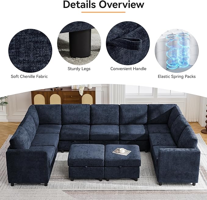 127'' Oversized U Shaped Modular Sofa, Sectional Couches with Storage for Living Room, Modern 9 Seater Cloud Sectional Couch with Movable Ottoman, Chenille Navy