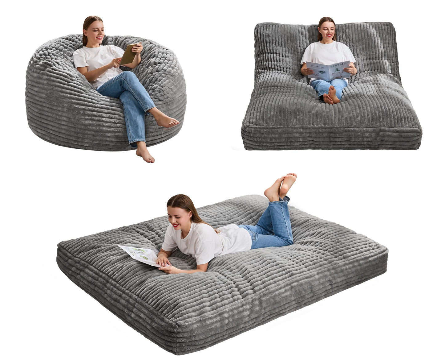 Hobestluk Bean Bag Chair Convertible Beanbag Chairs for Adults, 3 in 1 Bean Bags with Stripe Cover, Adult Bean Bag Chair for Living Room, Bedroom (Grey, Full)